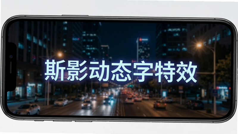 斯影动态字幕特效,手机界面展示视频上叠加的文字字幕,字幕带有发光效果,字体清晰,背景为城市夜景,界面干净,无杂乱元素