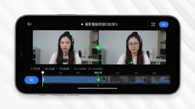 斯影智能剪辑功能演示,手机界面展示两段视频自动拼接过程,时间轴上有绿色连接标记,画面流畅无断裂,简洁白色背景,蓝色操作按钮,高清细节