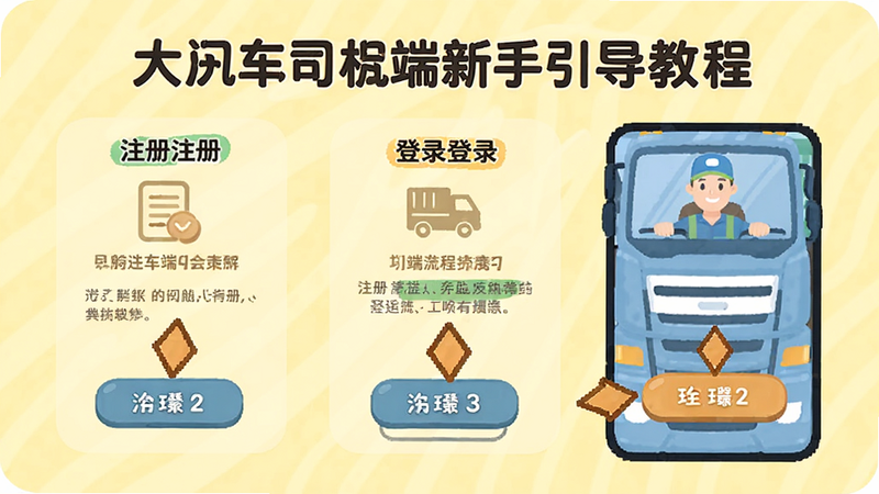 大货车司机端新手引导教程界面,分步展示注册与登录流程,箭头指向关键按钮,背景为浅黄色,文字清晰,风格友好易懂