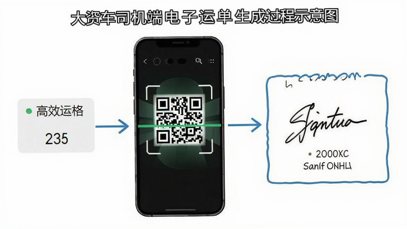大货车司机端电子运单生成过程示意图,手机屏幕显示二维码扫描界面,旁边有手写签名确认区域,背景为白色,线条简洁,体现数字化流程的高效性