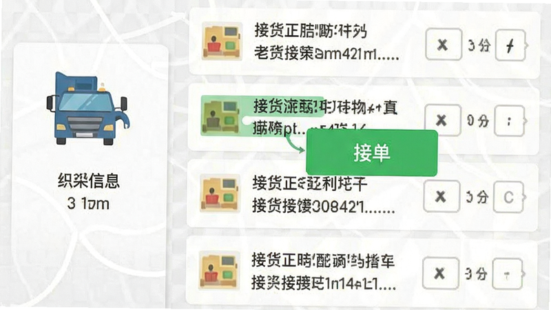 大货车司机端货源匹配界面截图,左侧显示车辆信息图标,右侧列出多条货源详情,中间有绿色高亮按钮“接单”,背景为浅灰色网格纹理,风格扁平化设计,文字清晰可读