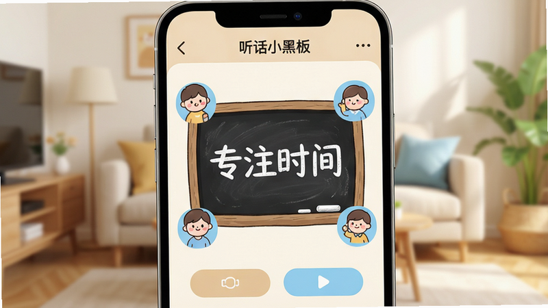 画面中心展示一部现代智能手机,屏幕显示“听话小黑板”APP的主界面,界面风格为温馨的卡通风,主色调为柔和的米色与天蓝色。屏幕中央是一个巨大的、带有手绘质感的黑色黑板区域,黑板上用白色粉笔字清晰地写着“专注时间”。黑板周围环绕着几个可爱的卡通图标,代表不同的任务类别。手机下方有简单的操作按钮。背景是模糊的家庭客厅场景,光线明亮温暖,整体风格为高清写实与扁平化UI结合,干净,无多余元素,4k分辨率。