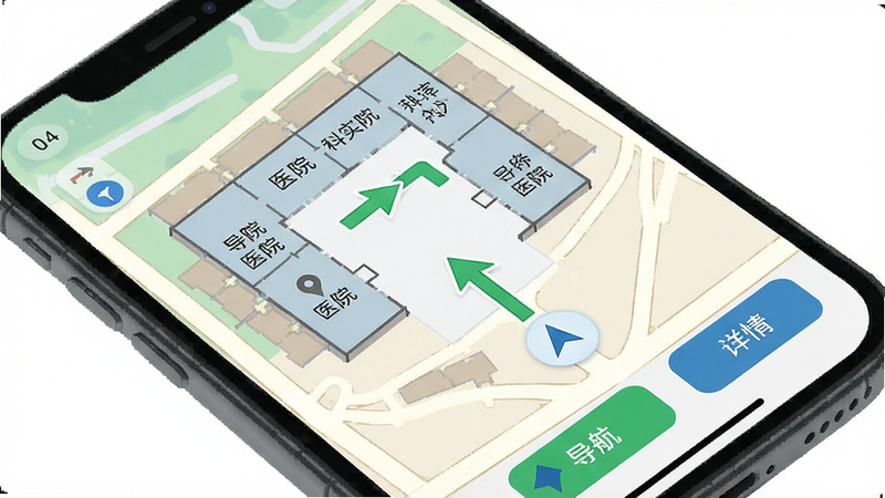 手机屏幕显示地图导航界面,标注了医院内部各个科室的位置,路径用绿色箭头标示,界面简洁直观,包含“导航”与“详情”按钮,风格扁平化,细节准确,画质清晰,无多余元素