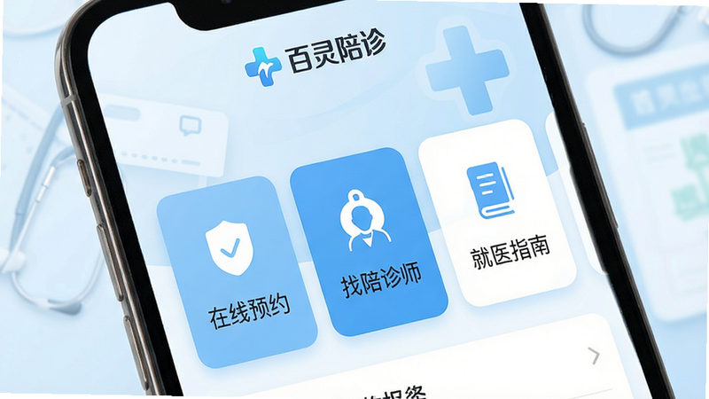 一张高清手机界面截图,主体是百灵陪诊APP首页,布局清晰,顶部显示“百灵陪诊”Logo,中间展示“在线预约”、“找陪诊师”、“就医指南”三个核心入口卡片,背景为柔和的医疗蓝白色调,细节丰富,画质干净,无多余元素