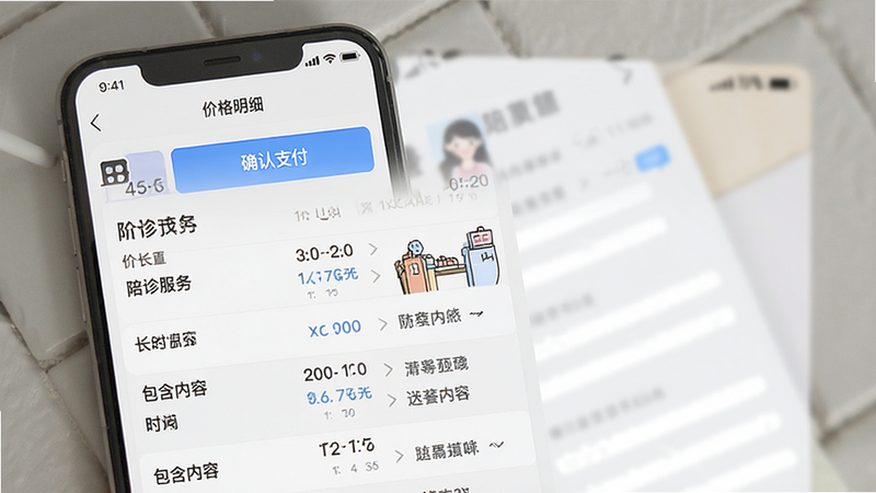 手机应用界面展示“价格明细”页面,列表清晰列出不同陪诊服务的价格、时长与包含内容,顶部有“确认支付”按钮,背景为浅灰色,文字清晰易读,风格简约,细节规范,画质干净,无多余元素