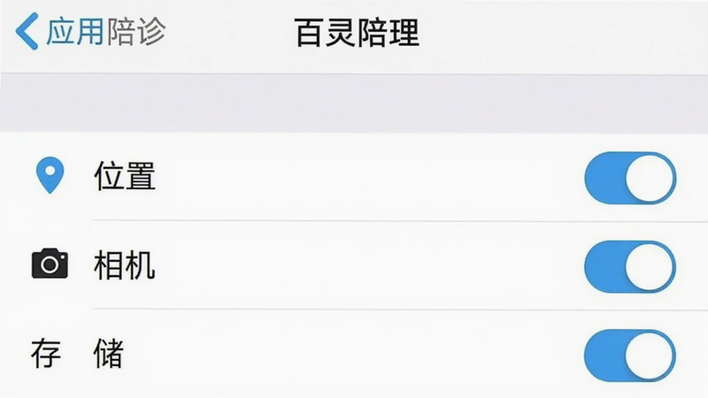 手机设置界面截图,显示“应用管理”中百灵陪诊的权限设置列表,高亮显示“位置”、“相机”、“存储”权限开关,背景为白色,文字清晰,风格系统原生,细节准确,画质干净,无多余元素