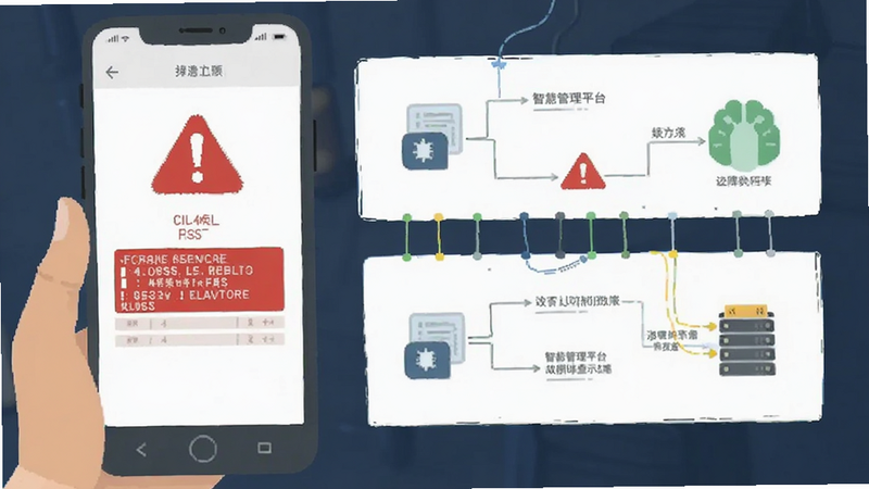 智慧管理平台故障排查示意图,手机屏幕显示错误代码,红色警告图标,简洁扁平风格