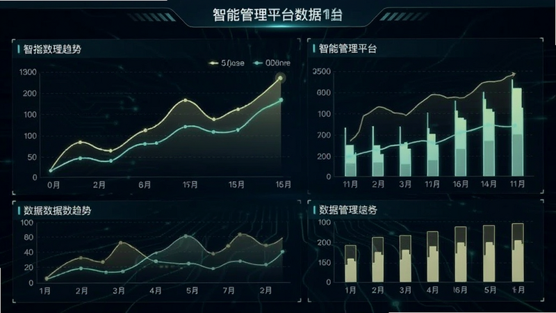 智慧管理平台数据仪表盘,折线图和柱状图展示数据趋势,深色背景浅色线条,科技感风格,清晰文字标签