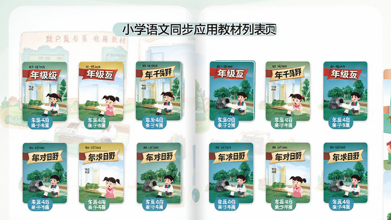 小学语文同步应用教材列表页,主体为不同年级教材封面缩略图,布局网格排列,排版整齐,细节包含清晰的书名标签和年级标识,画质高清干净无多余元素,风格教育类应用界面