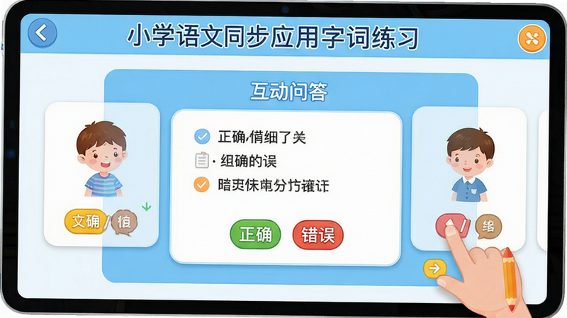 小学语文同步应用字词练习界面,主体为互动问答窗口,布局简洁明了,排版采用卡片式设计,细节包含正确/错误反馈图标,画质高清干净无多余元素,风格儿童教育互动界面