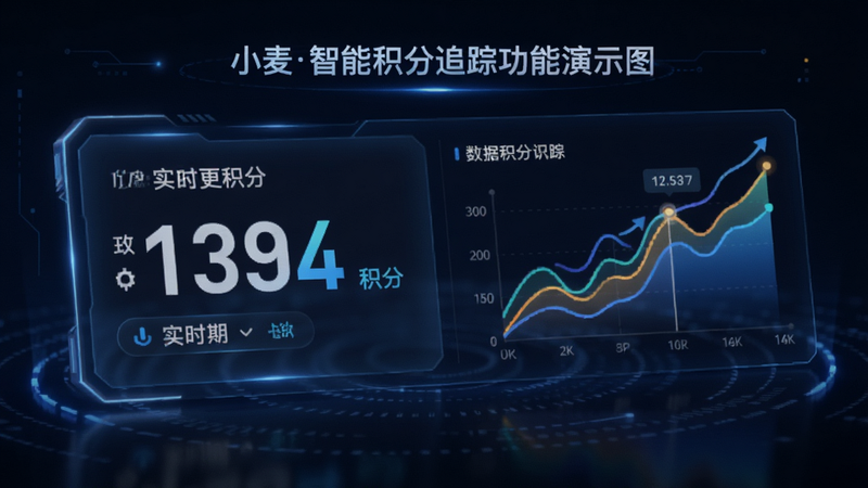 小麦会员卡智能积分追踪功能演示图,显示实时更新的积分数字和动态图表,科技感风格,数据可视化清晰