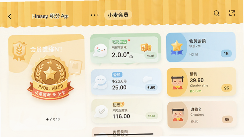 小麦会员卡App界面截图,展示清晰的积分余额、会员等级徽章和优惠列表卡片,扁平化设计风格,明亮色调,简洁布局,无多余装饰