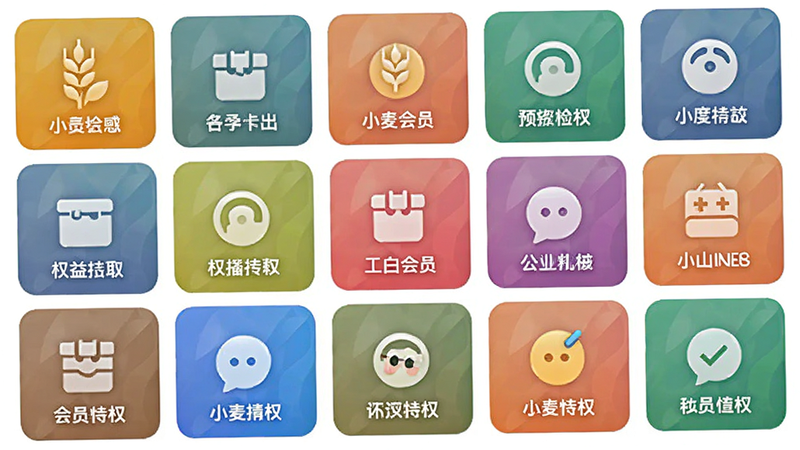 小麦会员卡权益聚合中心预览图,列出多种会员特权图标,网格布局,色彩丰富,视觉层次分明