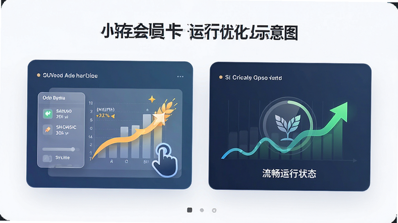 小麦会员卡运行优化示意图,展示内存清理界面和流畅运行状态,简约风格,突出性能提升