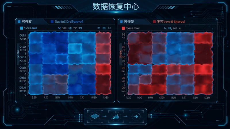 数据恢复中心扫描界面,显示扇区映射图,蓝色和红色标记表示可恢复与不可恢复区域,科技感强,布局对称,细节丰富