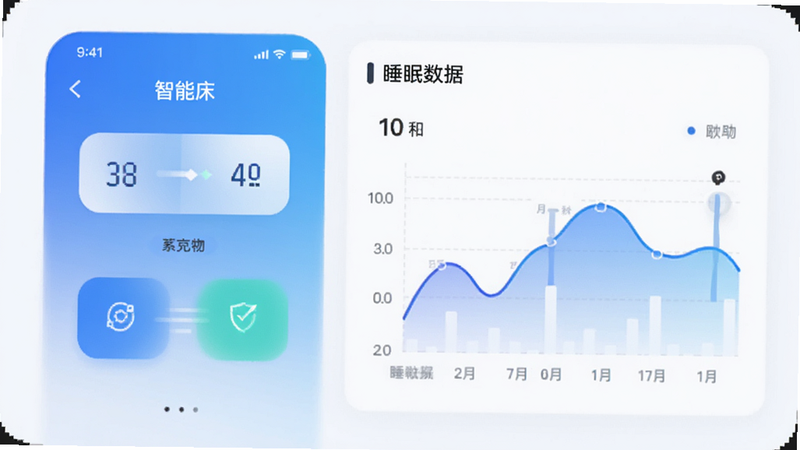 麒健App界面展示,左侧显示智能床控制按钮,右侧显示睡眠数据图表,风格现代简约,蓝色调为主,高清UI渲染