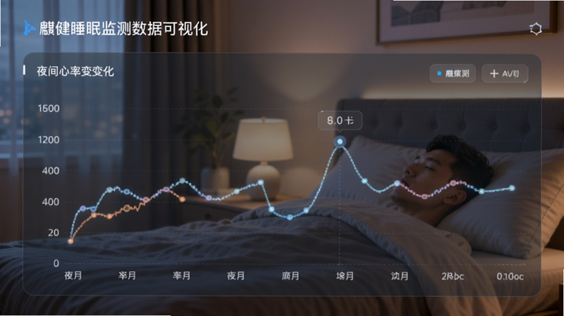 麒健睡眠监测数据可视化,折线图显示夜间心率变化,背景为卧室场景,柔和灯光,科技感强
