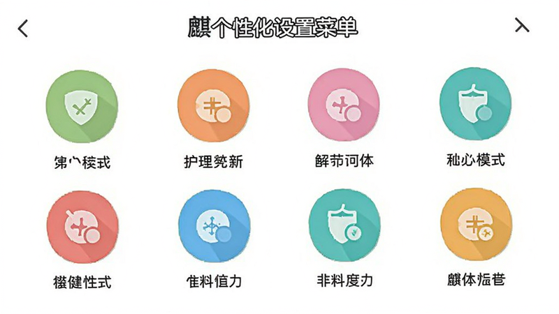 麒健个性化设置菜单,图标代表不同护理模式,简洁扁平风格,白色背景,清晰文字标签