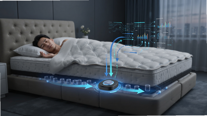 麒健睡眠检测原理示意图,传感器在床垫下方,箭头指向数据流,科技风格