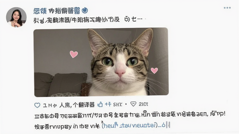 社交媒体界面截图,显示一条关于人猫人狗翻译器生成的趣味宠物日记,包含一只猫咪的可爱照片和幽默的翻译文字,布局整齐,风格现代简洁,无多余元素,高清画质