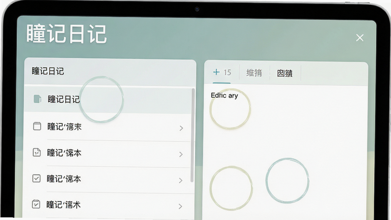 瞳记日记软件界面预览图,展示简洁的日记列表与编辑区域,风格现代简约,色调柔和,包含“瞳记日记”标题文字,高清细节,无多余元素