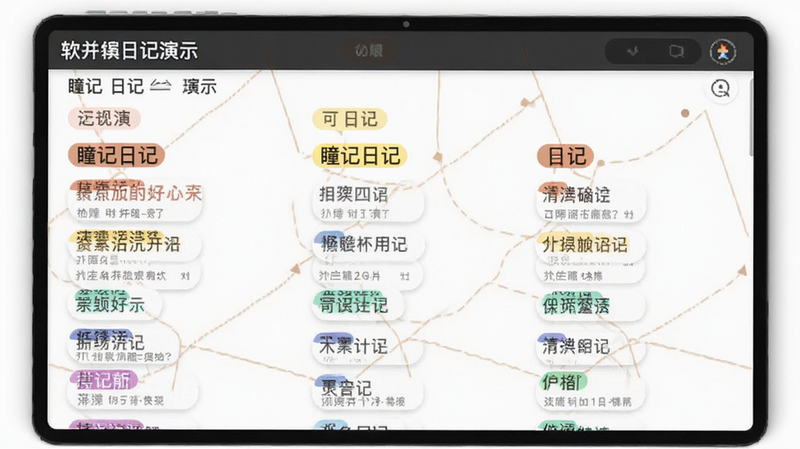 瞳记日记标签筛选功能演示,展示不同颜色标签分类下的日记条目,界面整洁,文字清晰,包含软件名称