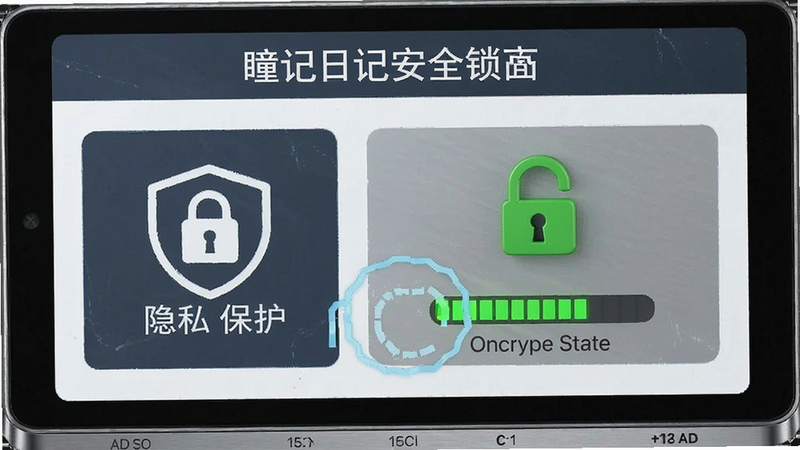 瞳记日记安全锁界面示意图,展示隐私保护图标与加密状态,风格严肃专业,细节清晰