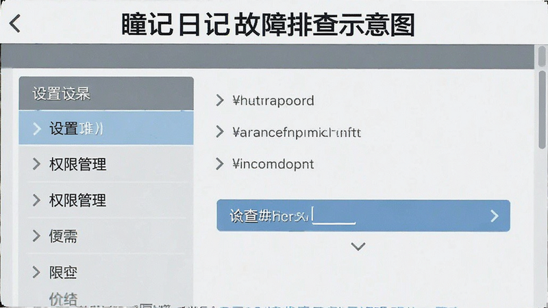瞳记日记故障排查示意图,展示设置菜单中的权限管理选项,界面清晰,文字可读