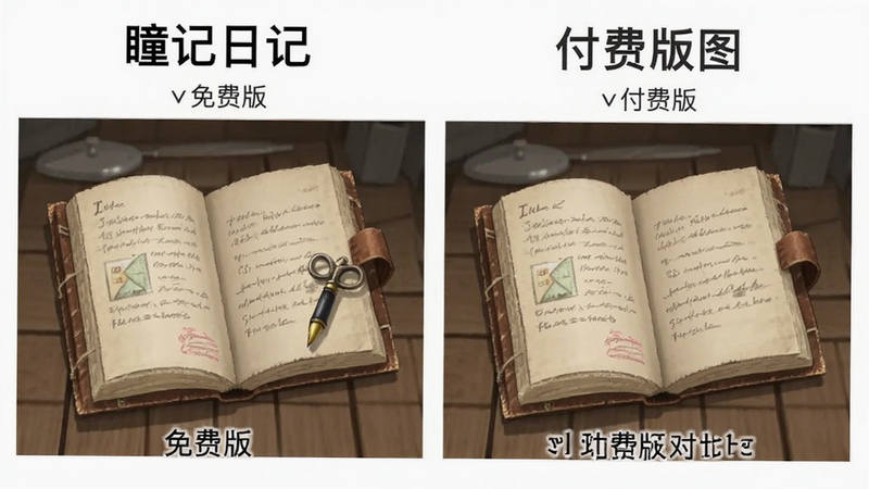 瞳记日记 免费版与付费版功能对比表示意图