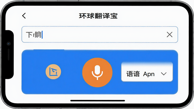 环球翻译宝App界面截图,展示主屏幕功能入口,包括文本输入框、语音识别按钮、语种选择下拉菜单,UI风格简约现代,白色背景,蓝色与橙色点缀图标,清晰易读,高清晰度,无多余元素