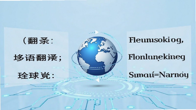 环球翻译宝多语种翻译演示图,左侧显示中文句子,右侧显示对应英文译文,中间有一个旋转的地球仪图标象征全球化,背景为淡蓝色科技风,文字清晰,布局对称