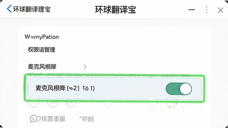 环球翻译宝 设置界面,展示权限管理选项,高亮显示麦克风权限开关,背景为白色,文字清晰,布局整洁