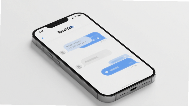 RealTalk app interface, clean minimalist design, chat bubbles on screen, modern smartphone mockup, white background, soft blue accents, high quality 3D render, realistic lighting, no text