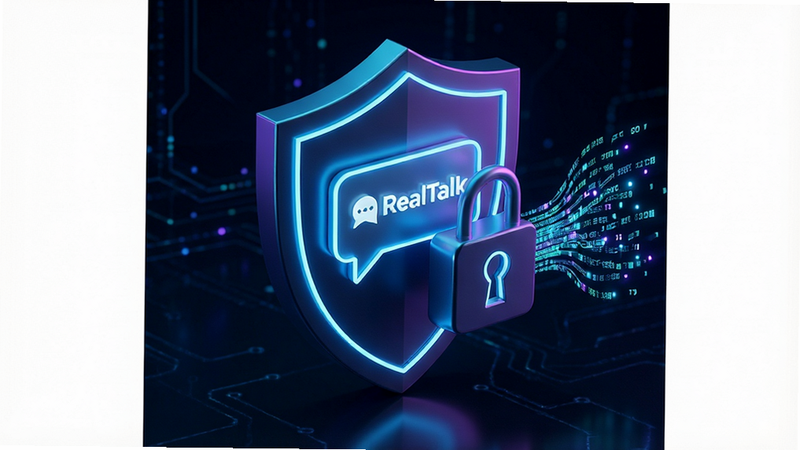 Security shield icon protecting RealTalk chat messages, lock symbol with digital data streams, cybersecurity theme, dark background with neon accents, professional 3D illustration
