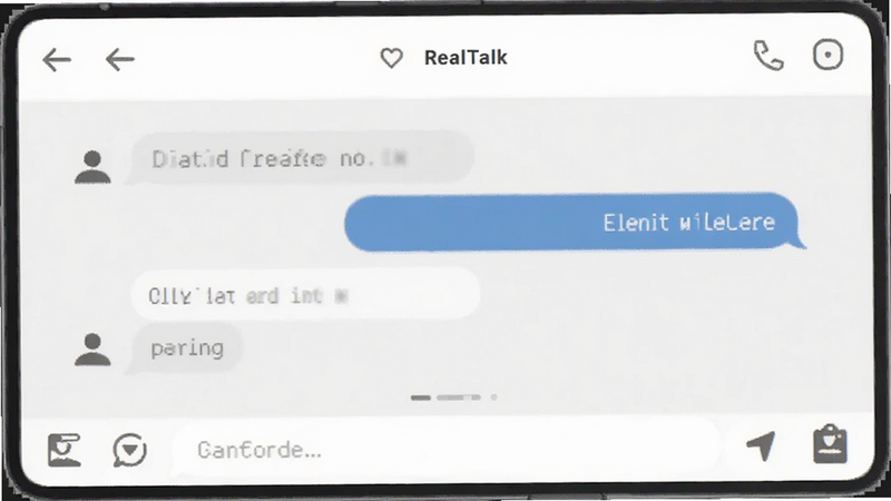 RealTalk app UI screenshot, minimalist flat design style, white and light gray color palette, clean typography, simple chat interface, high resolution, vector art style
