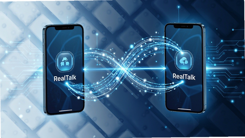Data synchronization concept for RealTalk app, abstract digital flow between two phones, glowing connection lines, tech blue and white colors, futuristic style, clean background