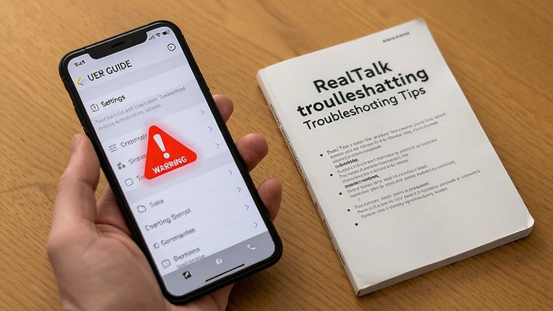 RealTalk troubleshooting tips, smartphone screen showing settings menu, red warning icon highlighted, user guide style, clean layout