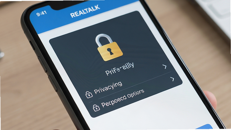 Security settings screen in RealTalk app, privacy options visible, padlock icon, simple UI design, high quality