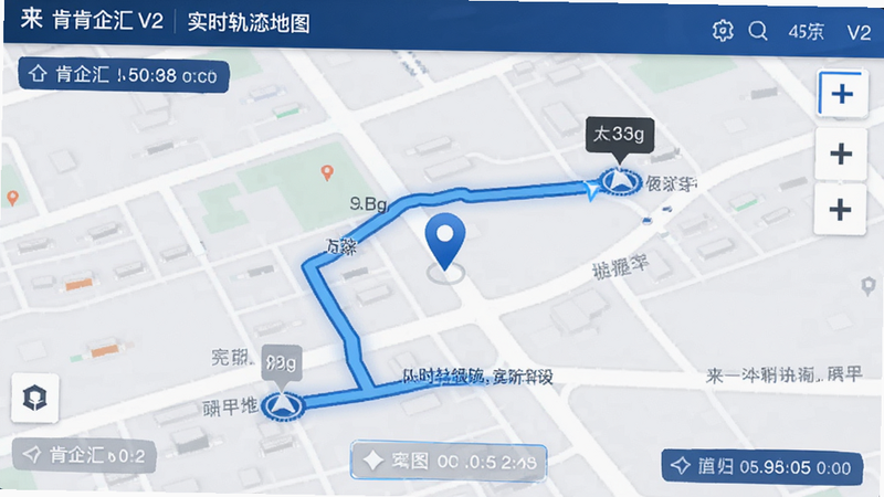来肯企汇V2实时轨迹地图界面,显示移动路径线条、定位图标、时间戳,蓝色导航风格