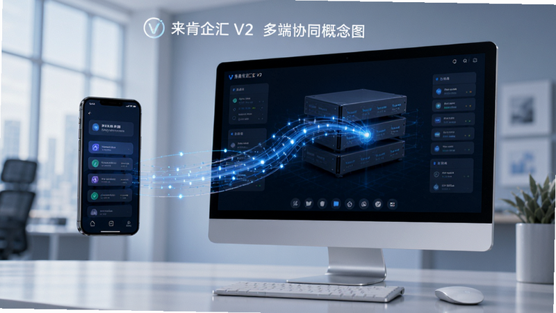 来肯企汇V2多端协同概念图,展示手机与电脑屏幕联动,数据流动态连接,科技感风格