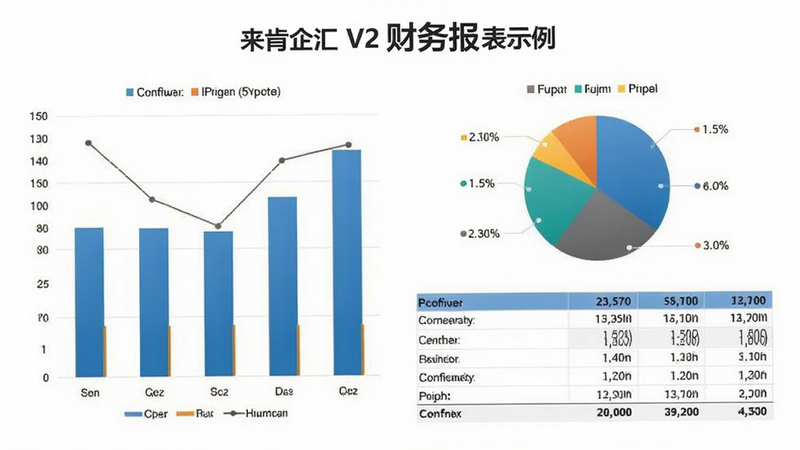来肯企汇V2财务报表示例,包含柱状图、饼图、表格数据,专业商务风格,白色背景