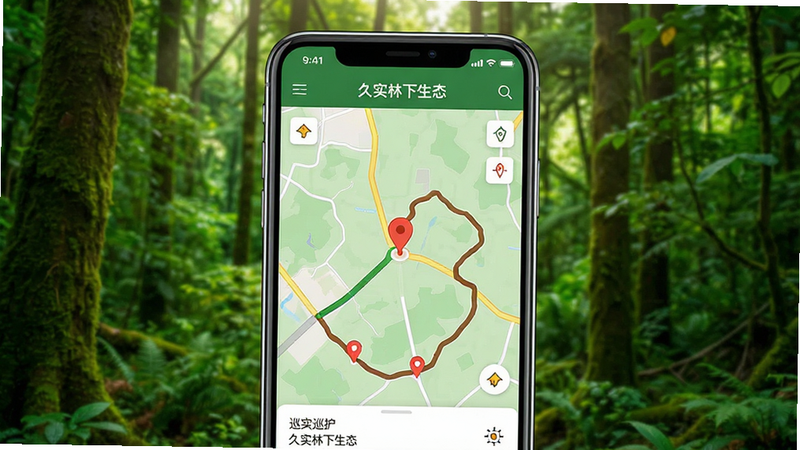 一张展示“久实林下生态”APP主界面的高清手机屏幕特写,背景为郁郁葱葱的森林,界面清晰显示地图定位点和巡护轨迹,风格写实,色彩鲜艳,画质清晰,无多余元素,主体居中,布局整洁,文字清晰可见