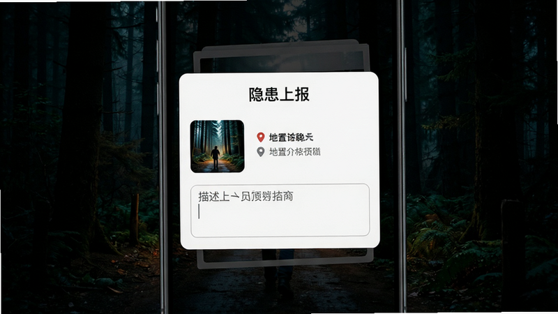 手机界面显示“隐患上报”弹窗,包含照片缩略图、位置信息和描述输入框,背景为昏暗的森林小径,风格紧张但界面清晰,色彩对比度高,画质锐利,无杂乱元素