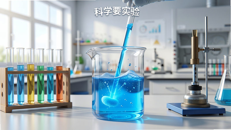 展示“科学要实验”APP内的虚拟实验室界面,画面中央是一个正在进行的化学实验,烧杯中液体呈现鲜艳的蓝色反应,周围摆放着试管架和酒精灯,背景为明亮的实验室环境,风格为写实渲染,细节丰富,画质清晰,无多余元素