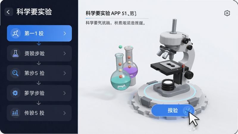 “科学要实验”APP的教程引导界面,左侧显示步骤列表,右侧显示当前步骤的3D操作动画,鼠标光标正在点击一个按钮,界面简洁直观,文字提示清晰,风格为科技感UI设计,布局规整,画质高清,无多余元素