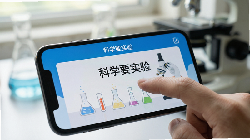 手机横屏显示“科学要实验”APP的实验界面,手指正在操作屏幕,背景虚化,突出操作细节,风格为生活化摄影,光线柔和,画质清晰,无多余元素