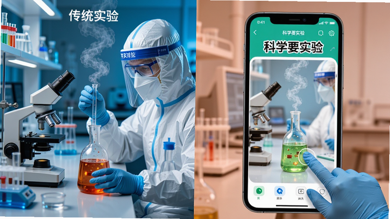 对比图,左侧是传统实验室中穿着防护服进行危险实验的场景,右侧是手机屏幕上“科学要实验”APP中轻松点击屏幕进行同样实验的场景,强调安全性与便捷性,风格为分屏对比,色彩对比鲜明,细节清晰,画质极高,无多余元素
