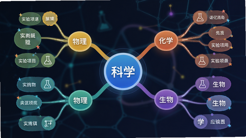 “科学要实验”APP的知识图谱界面,中心是“科学”核心词,向外辐射出物理、化学、生物、数学等分支,每个分支下有具体的实验项目节点,连线清晰,结构层次分明,风格为信息可视化图表,色彩丰富,布局平衡,画质清晰,无多余元素