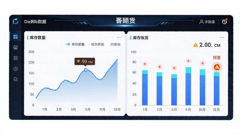 采购批发拿货商家版 预览图, 主体为仪表盘展示库存数据图表, 布局包含折线图与柱状图, 排版数据可视化, 风格科技感强, 细节包含库存数量与预警标识, 画质高清干净无多余元素