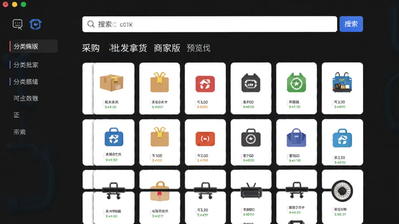采购批发拿货商家版 预览图, 主体为搜索界面展示不同行业商品图标, 布局网格状排列, 排版整齐有序, 风格简约实用, 细节包含搜索框与分类标签, 画质高清干净无多余元素